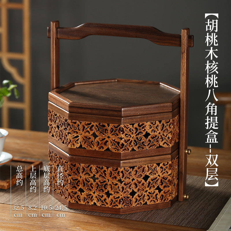 实木新中式盒子核桃工艺点心盒实木茶具收纳提篮胡桃木手提食盒子