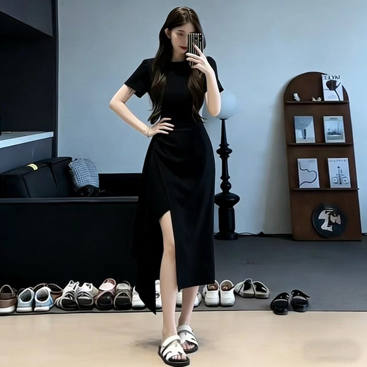 Slim Fit Solid Color Midi Dress – Irregular Slit Short Sleeve Commuter Dress