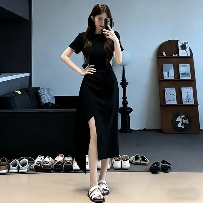 Slim Fit Solid Color Midi Dress – Irregular Slit Short Sleeve Commuter Dress