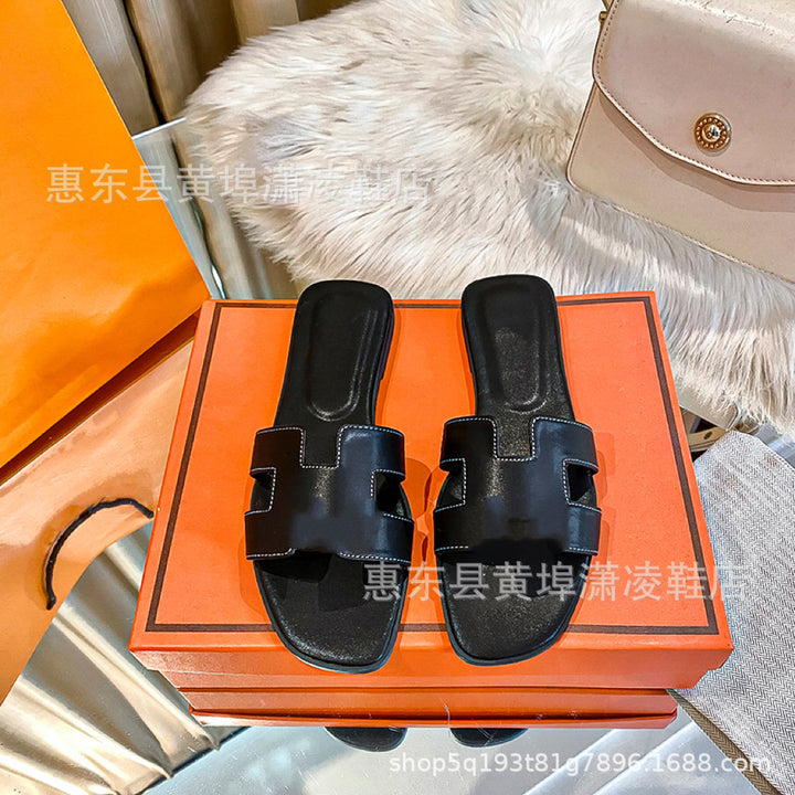 跨境外贸经典H拖鞋羊皮平底女拖鞋沙滩一字拖鞋女士凉拖鞋