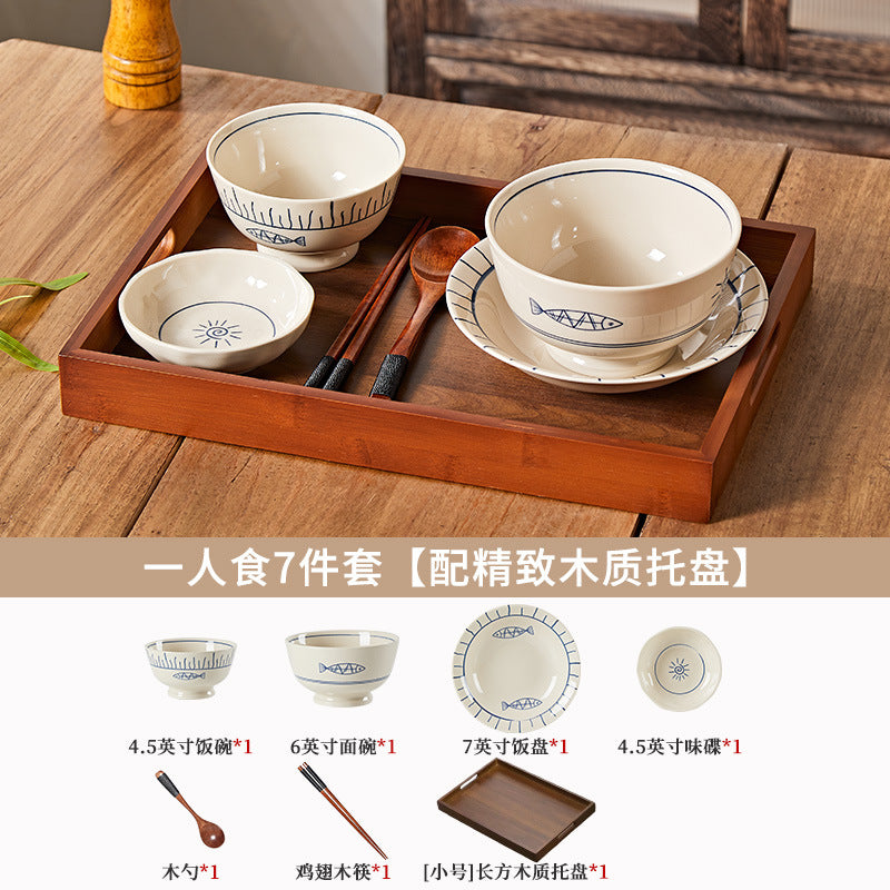 日式釉下彩陶瓷碗盘套装家用餐具一人食高颜值餐具套装乔迁送礼