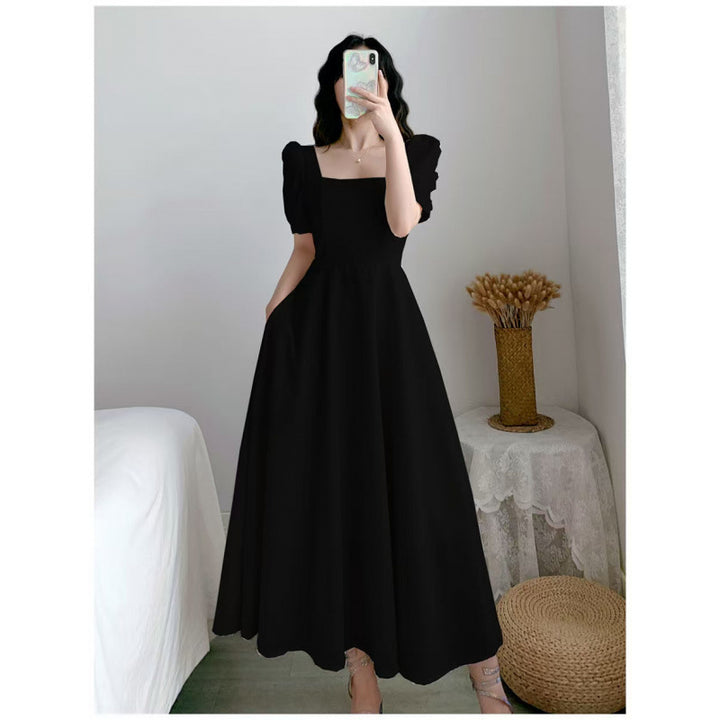 Plus Size Hepburn Style Little Black Dress – French Vintage Square Neck Puff Sleeve Slim Midi Dress