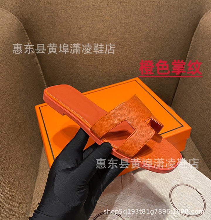 跨境外贸经典H拖鞋羊皮平底女拖鞋沙滩一字拖鞋女士凉拖鞋