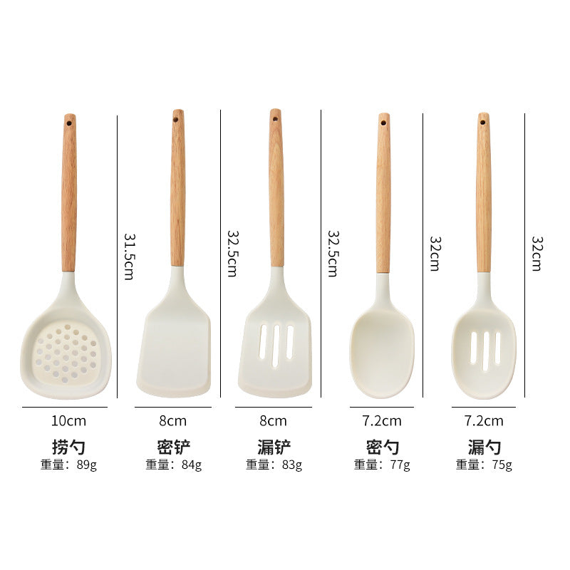 木柄硅胶厨具套装带收纳桶不粘锅厨房烹饪用具铲勺11件套烹饪勺铲