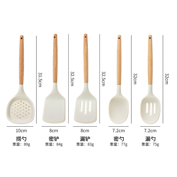 木柄硅胶厨具套装带收纳桶不粘锅厨房烹饪用具铲勺11件套烹饪勺铲