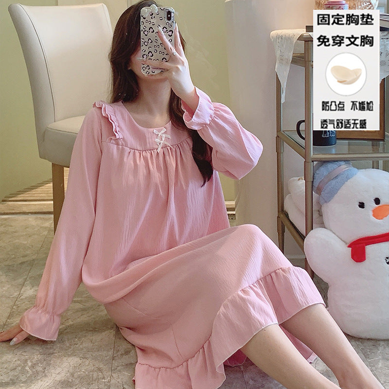 秋季新款简约纯色长袖睡裙女士云朵棉圆领蝴蝶结带胸垫宽松中长款