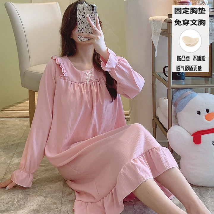 秋季新款简约纯色长袖睡裙女士云朵棉圆领蝴蝶结带胸垫宽松中长款
