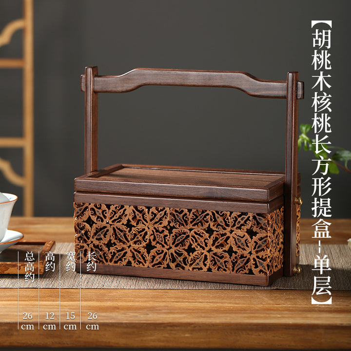 实木新中式盒子核桃工艺点心盒实木茶具收纳提篮胡桃木手提食盒子
