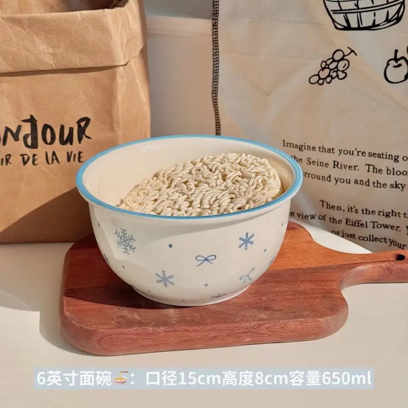 【初雪】新款高温釉下彩陶瓷餐具套装ins风奶蓝色简约家用碗盘