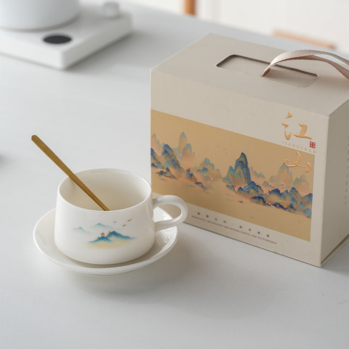 羊脂玉山水陶瓷咖啡杯碟套装礼盒办公家用高颜值伴手礼文创马克杯