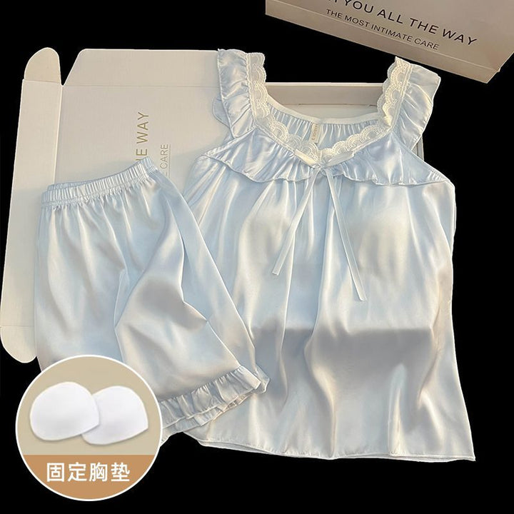 公主风睡衣女夏季蕾丝花边冰雪丝吊带短裤带胸垫高级感家居服套装