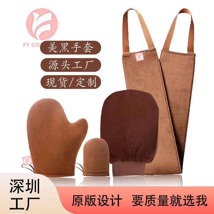 亚马逊热销美黑涂油手套套装免晒美黑涂抹身体乳植绒手套抹油工具