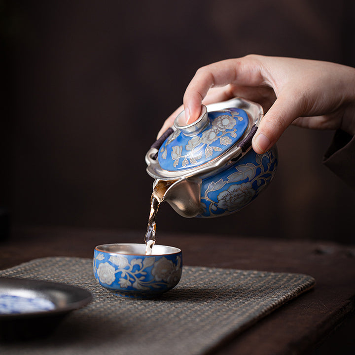 999鎏银 元青花手抓壶功夫茶具高档一壶两杯送长辈父亲老师伴手礼
