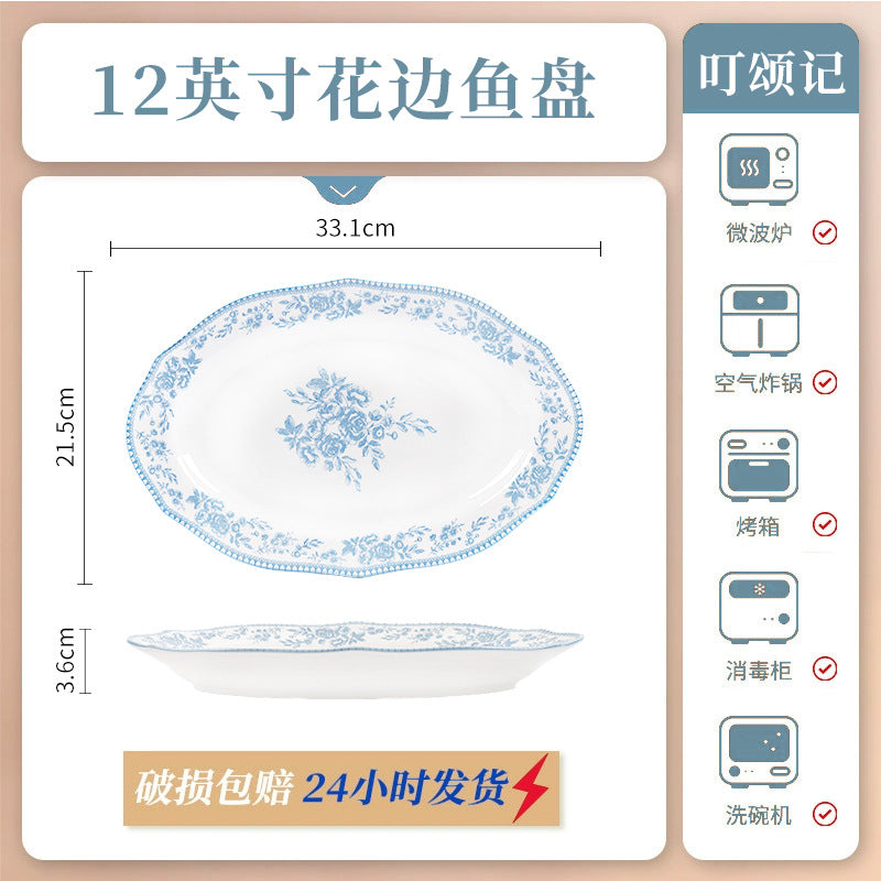 KANGMO Vintage Blue Floral Ceramic Set - Premium Rice Bowls & Soup Noodle Bowls