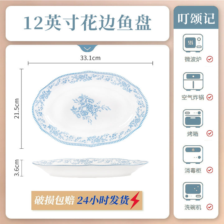KANGMO Vintage Blue Floral Ceramic Set - Premium Rice Bowls & Soup Noodle Bowls