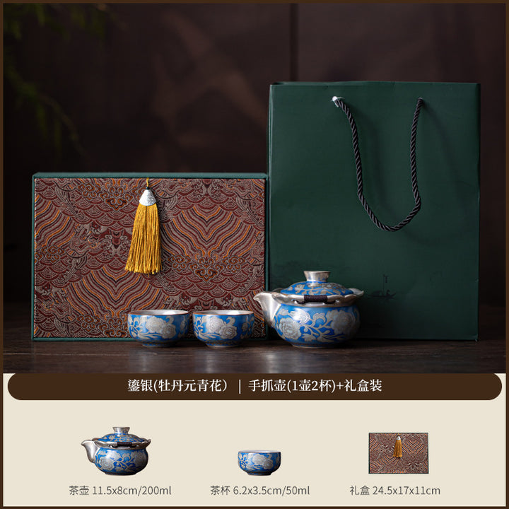 999鎏银 元青花手抓壶功夫茶具高档一壶两杯送长辈父亲老师伴手礼