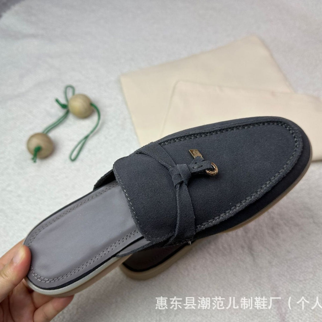 复古真皮拖鞋四季通用一脚蹬高级感半拖鞋女外穿厚底家居包头拖鞋