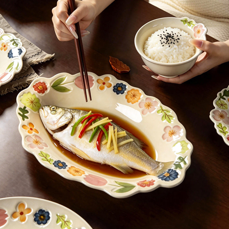 New Floral Bowl Underglaze Small Ceramic Tableware Bowl & Plate Set Home Dish Housewarming Wholesale