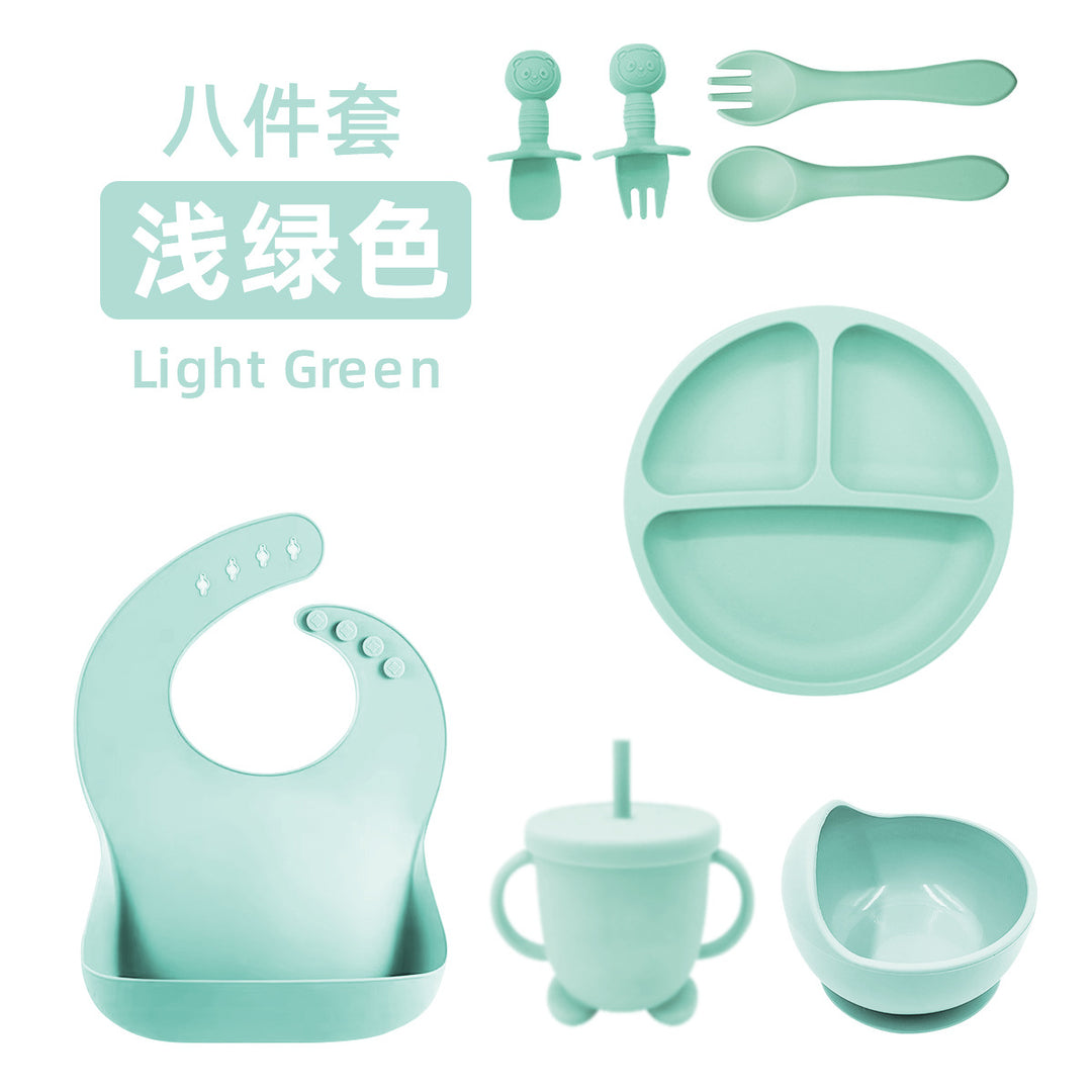 新品婴儿食品级硅胶餐具套装辅食八件套婴幼儿吸盘式围兜勺子餐具