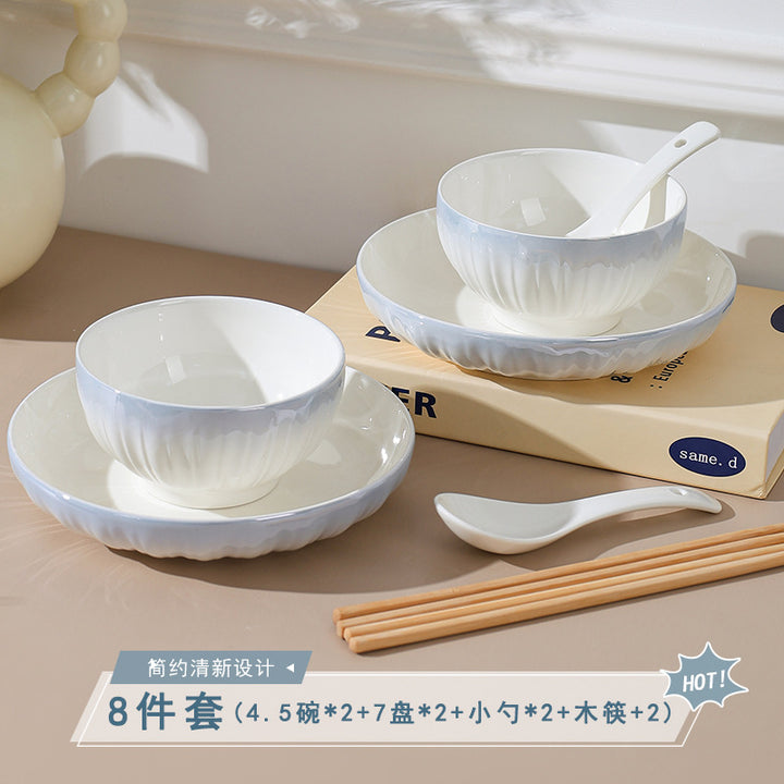 洛可可渐变蓝餐具套装汤碗饭碗简约高温烤花陶瓷碗家用碗碟套装