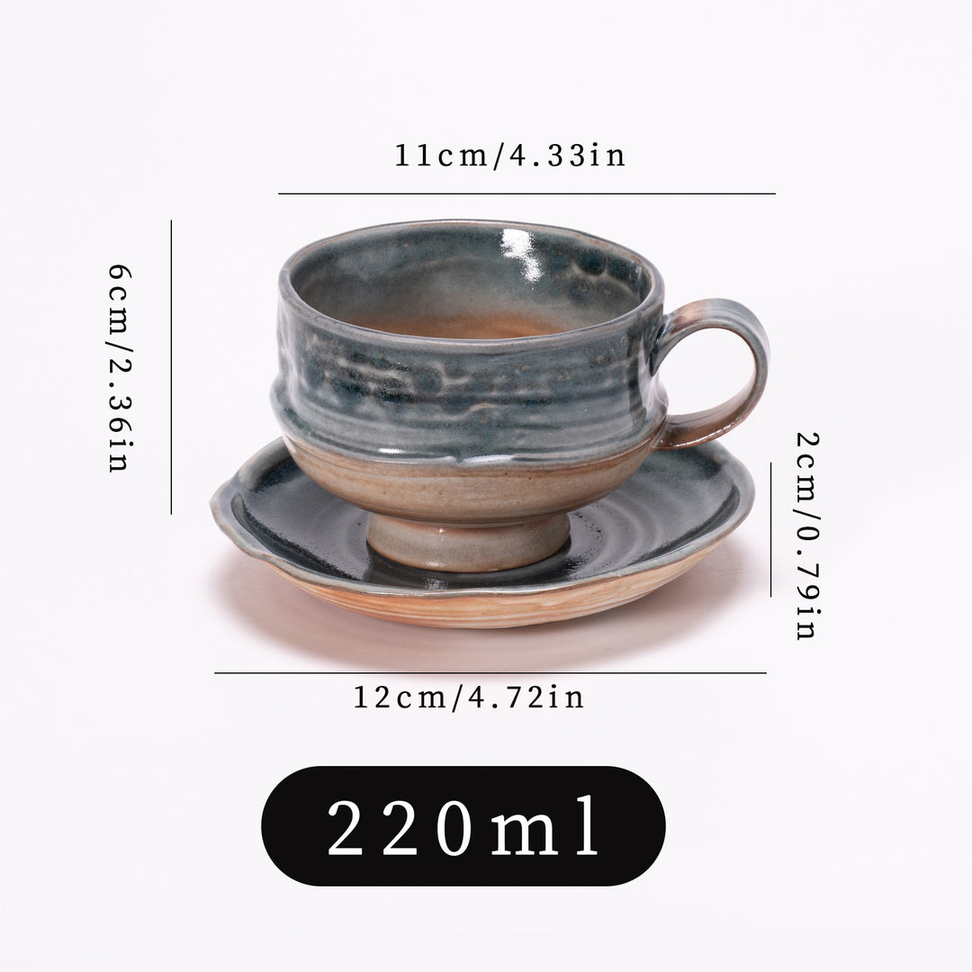 日式复古粗陶咖啡杯杯碟套装高级感餐厅跨境窑变陶瓷拿铁拉花杯子