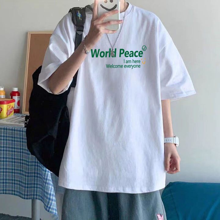 纯棉短袖高级感T恤男港风潮牌大码圆领体恤青少年五分袖厂家直销