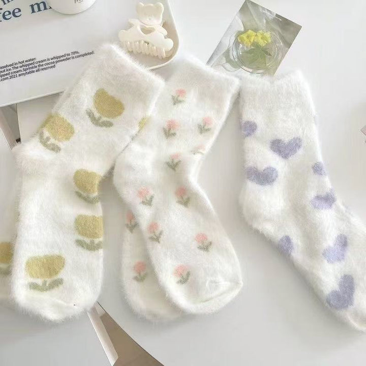 毛绒袜子踩屎感女冬季可爱加厚保暖水貂绒居家地板水貂绒中筒袜子