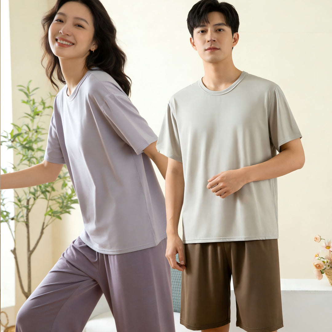 莱赛尔情侣睡衣冰丝男士夏季薄款短袖宽松青少年家居服套装女夏装