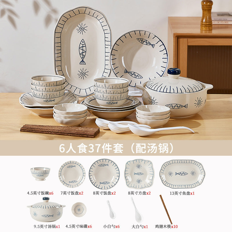 日式釉下彩陶瓷碗盘套装家用餐具一人食高颜值餐具套装乔迁送礼