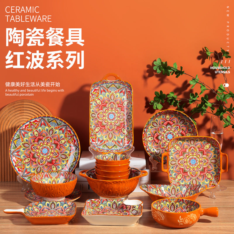 跨境波西米亚陶瓷餐具创意家用釉下彩饭碗汤碗手柄盘烤盘餐具套装