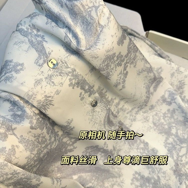 ins网红睡衣女春秋凉感冰丝可外穿高级感家居服奢华长袖夏天套装