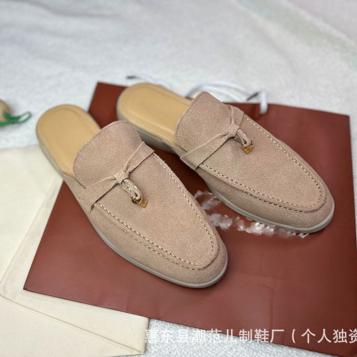 复古真皮拖鞋四季通用一脚蹬高级感半拖鞋女外穿厚底家居包头拖鞋
