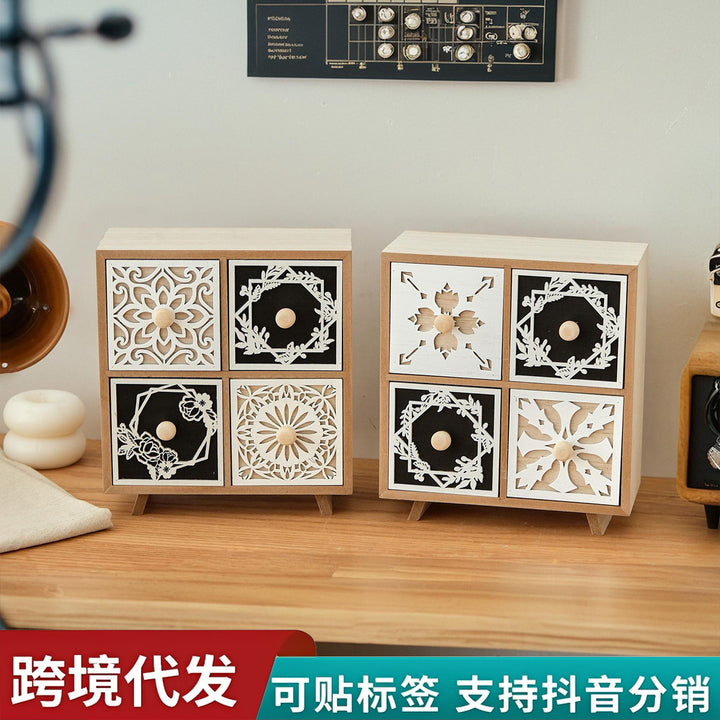 木制桌面镂花图案收纳柜复古饰品化妆品杂物收纳盒抽屉式整理柜