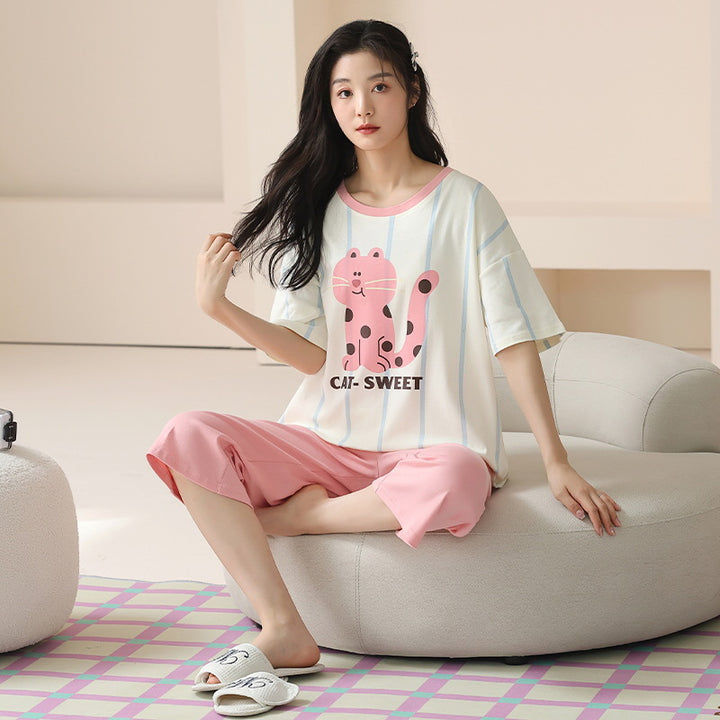 【7A抗菌】睡衣女春夏款纯棉短袖七分裤薄款夏季家居服可外穿套装