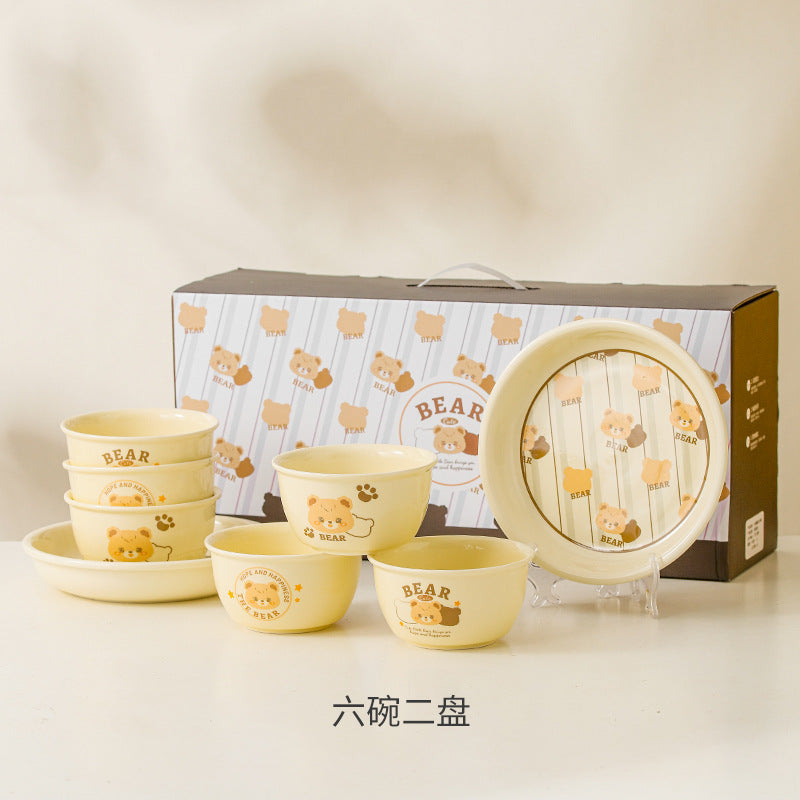 卡通奶油熊碗套装加印logo陶瓷餐具礼品创意手绘碗筷套装婚庆回礼