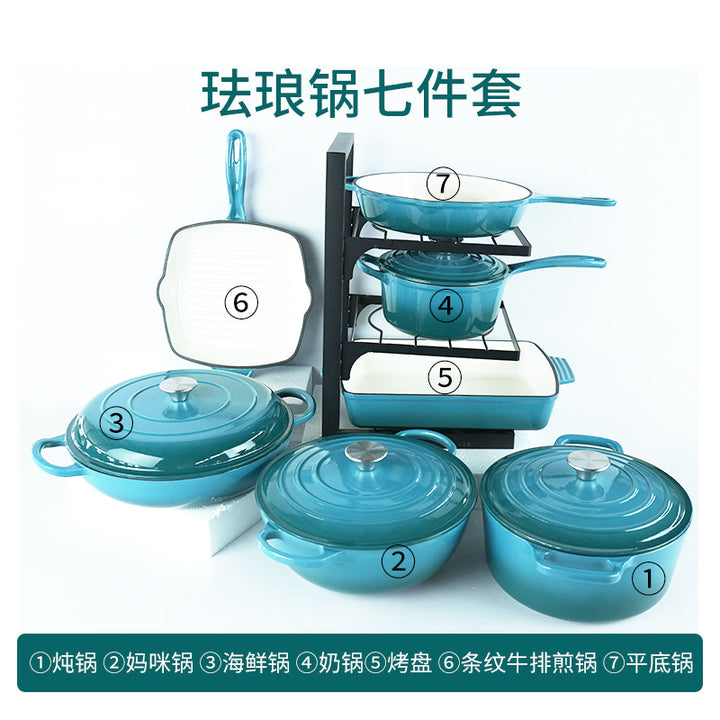 铸铁珐琅锅七件套无涂层平底不粘锅多功能搪瓷炖锅煎锅锅具套装