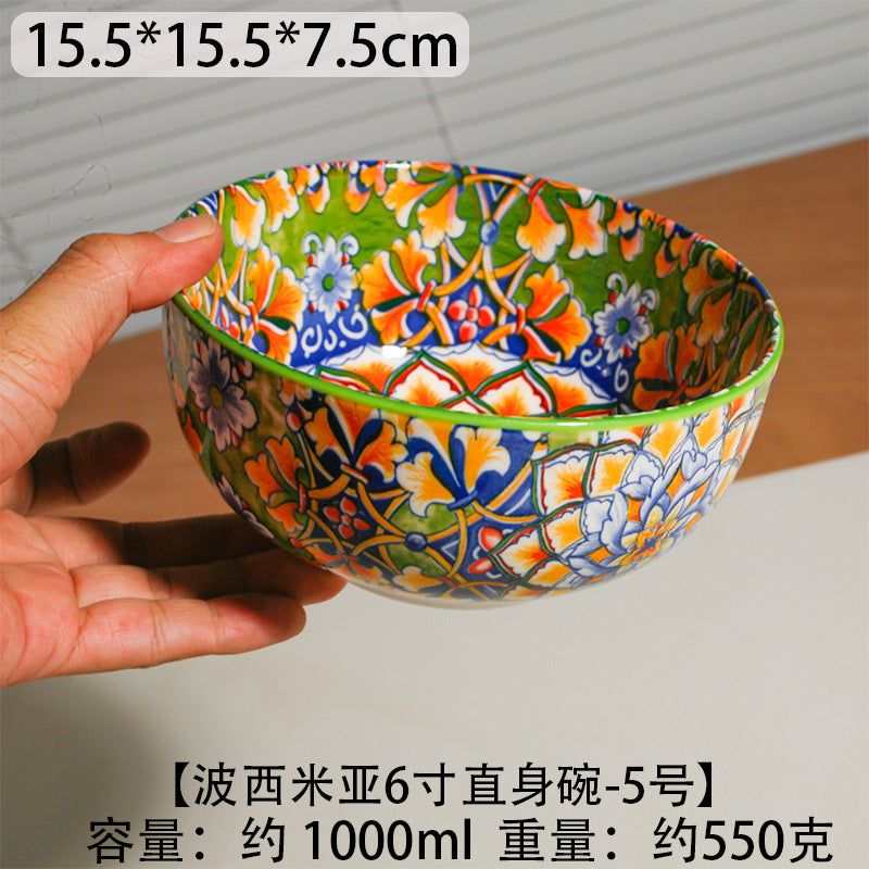波西米亚风餐具瓷碗拉面碗瓷器燕麦碗沙拉碗6寸汤碗陶瓷餐厨饮具