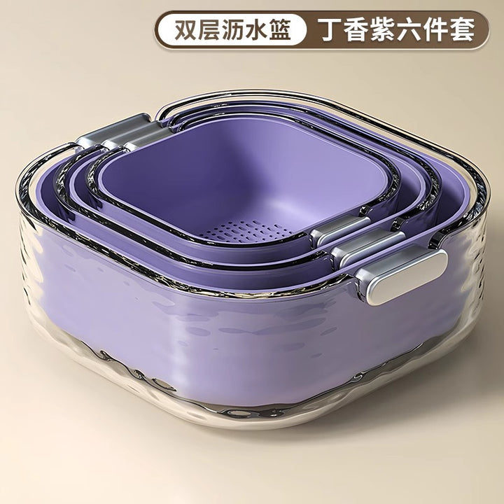 双层洗菜盆沥水篮六件套厨房客厅家用洗水果盘简约塑料淘菜菜篮子