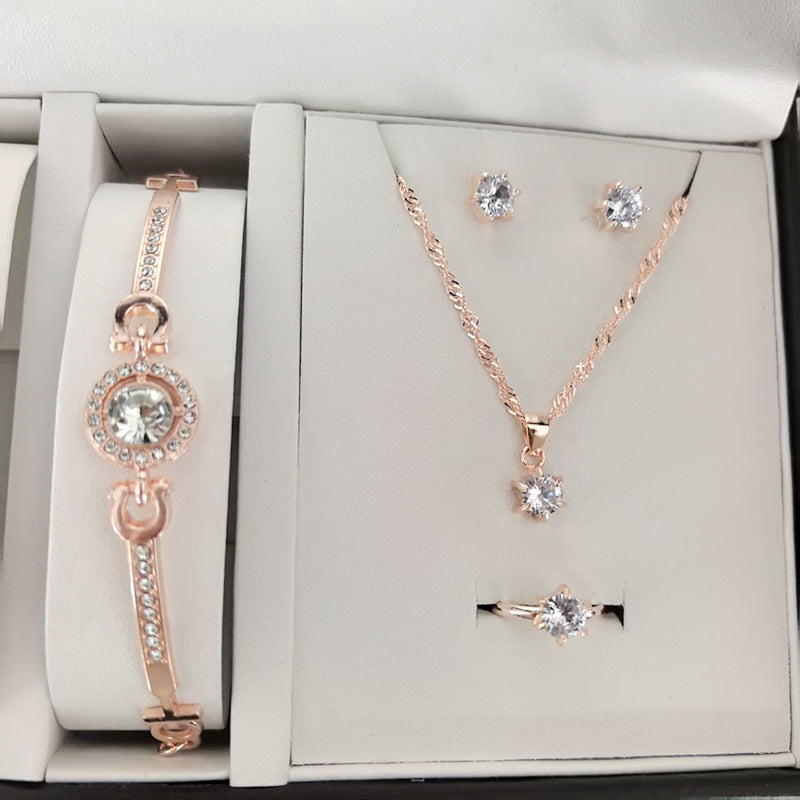 欧美跨境锆石饰品套装女士八心八箭耳钉戒指手链项链四件套首饰