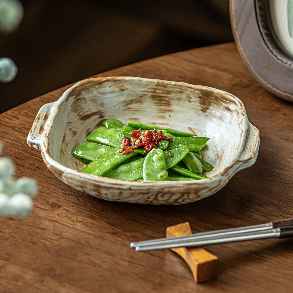 漂亮餐盘双耳烤盘家用陶瓷盘子商用餐饮菜盘复古风粗陶餐具沙拉盘