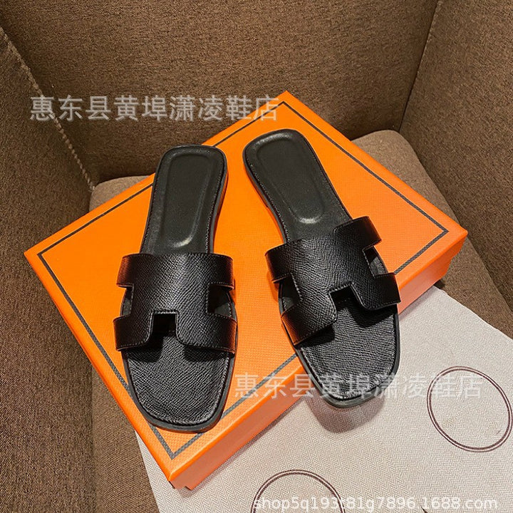 跨境外贸经典H拖鞋羊皮平底女拖鞋沙滩一字拖鞋女士凉拖鞋
