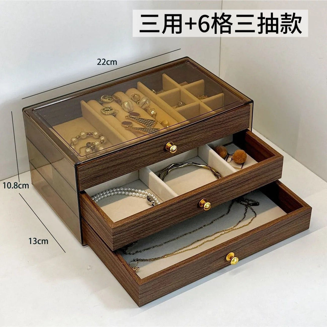 胡桃木纹饰品盒戒指项链手镯耳环收纳盒茶色复古抽屉三层首饰盒