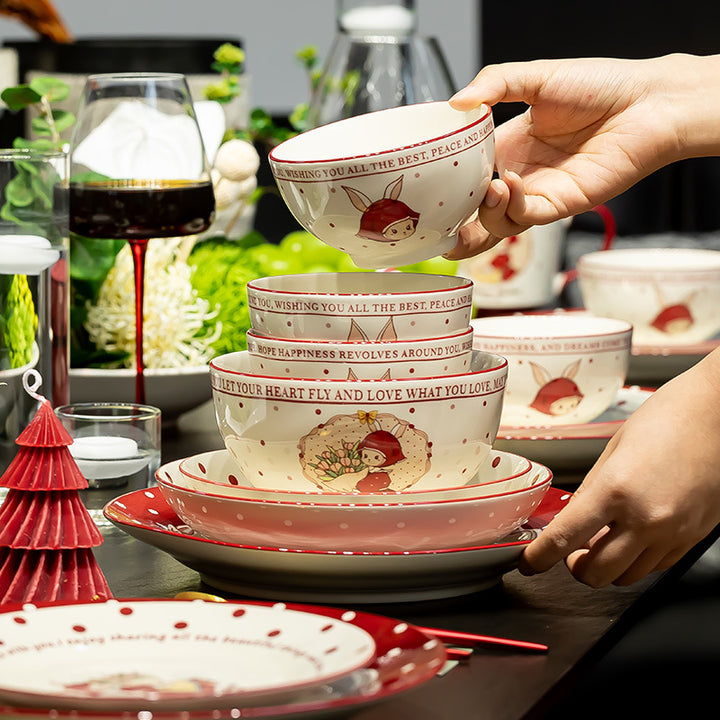 KANGMO Vintage Style Ceramic Dining Set - Red Bowls Plates & Chopsticks Housewarming