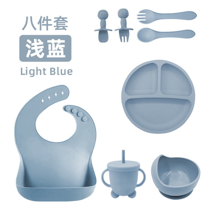 新品婴儿食品级硅胶餐具套装辅食八件套婴幼儿吸盘式围兜勺子餐具