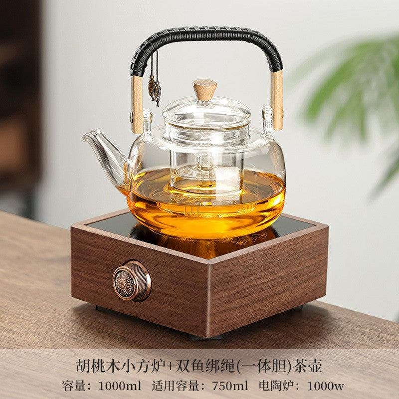 电陶炉胡桃木煮茶炉围炉煮茶器玻璃烧水壶家用电热茶炉茶具泡茶炉