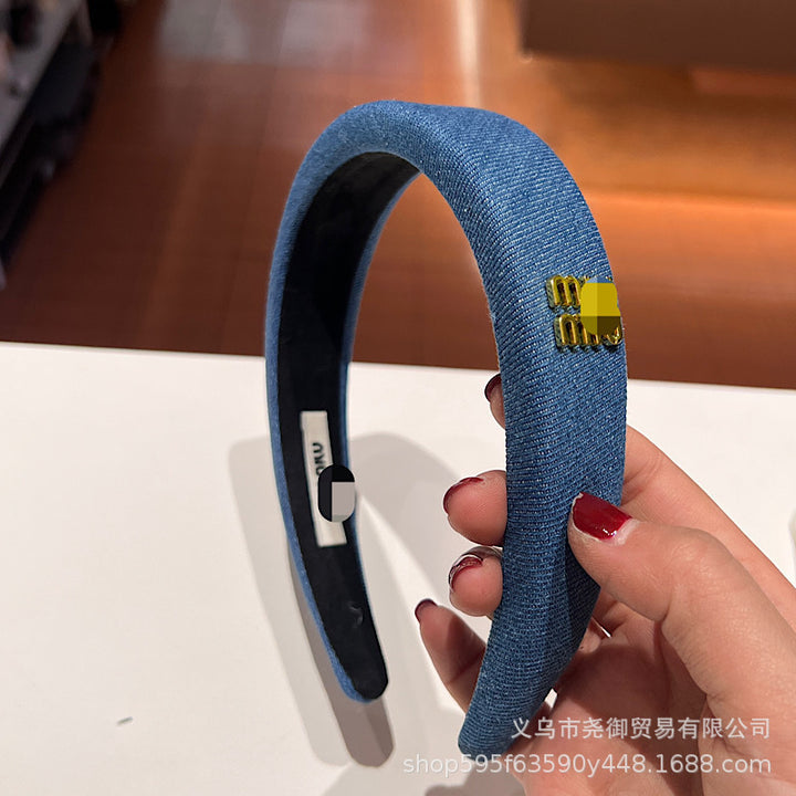 新款高级气质m字母发箍牛仔色头箍简约时尚字母网红名媛发饰复古