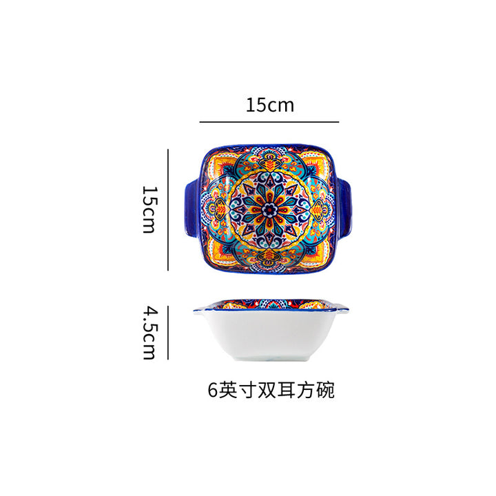 波西米亚陶瓷碗碟套装釉下彩饭碗家用复古双耳汤面碗高级感菜盘子