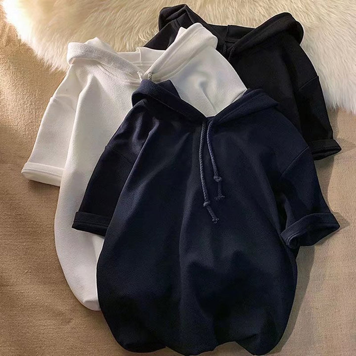 连帽短袖T恤男简约百搭卫衣夏季chic港味oversize衣服ins半袖上衣