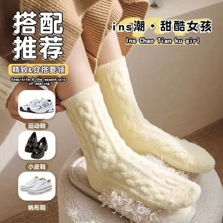 珊瑚绒睡觉穿的袜子秋冬中筒加绒加厚保暖抗寒居家睡眠过冬地板袜