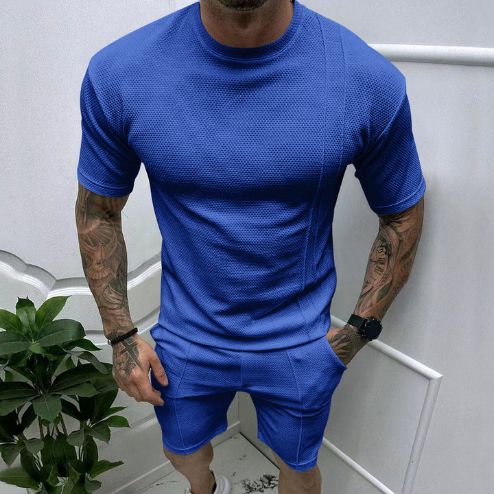 新款欧美跨境热销男士夏纯色休闲短裤短袖套装运动套装夏季两件套